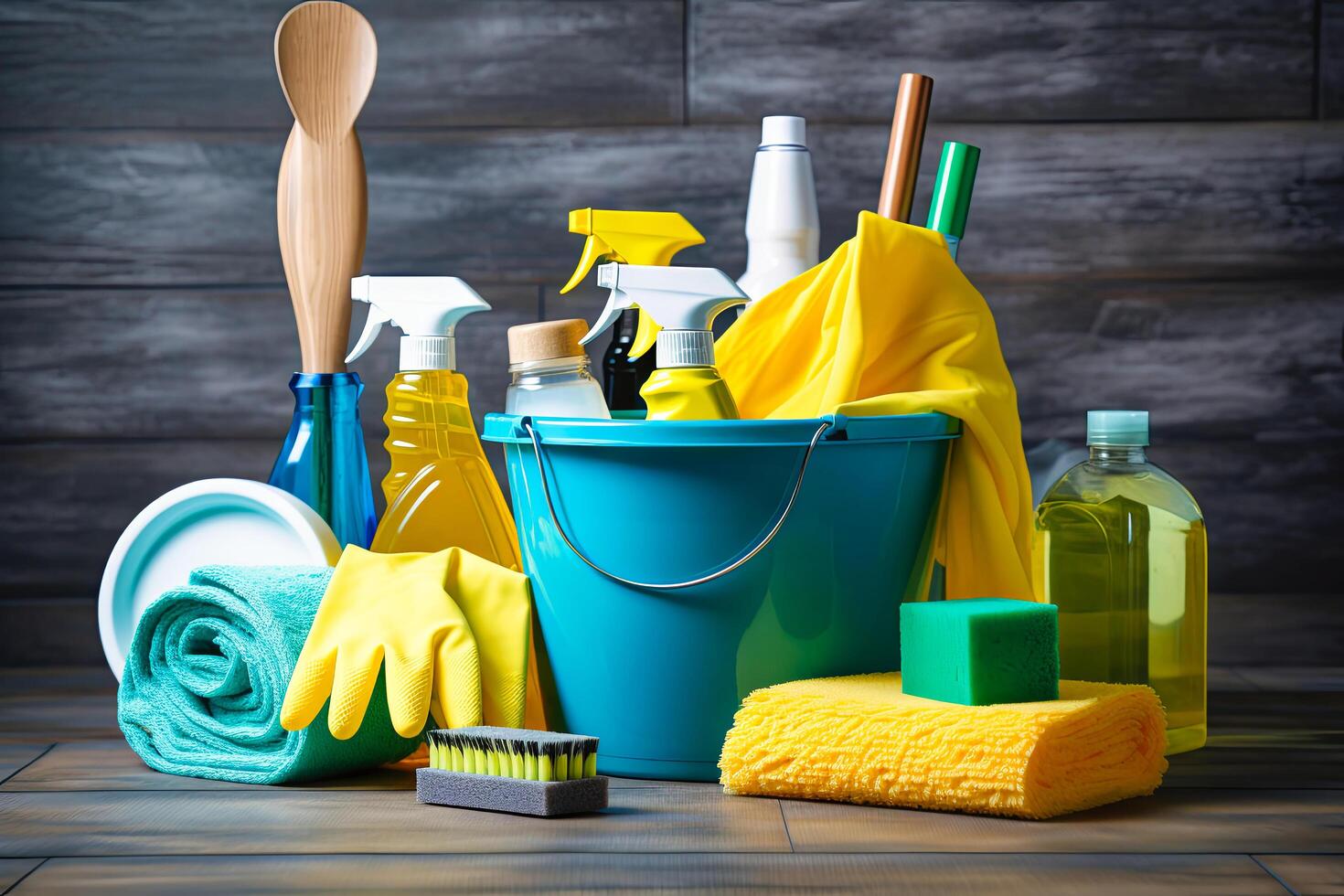 AI generated Bucket Full of Cleaning Supplies on Wooden Table photo