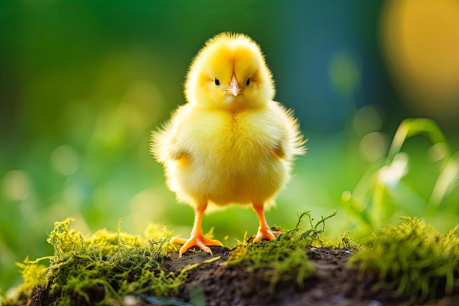 AI generated A small yellow chicken sits on top of a lush green grass covered field, surrounded by the natural landscape photo