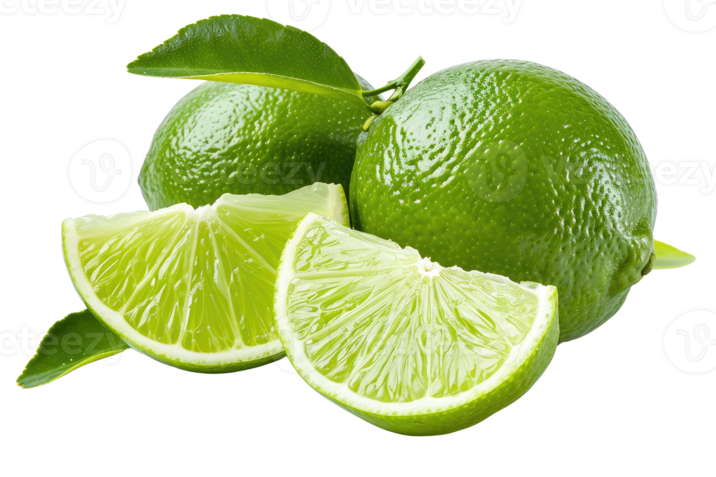 AI generated Fresh green lime slices and leaves on transparent background png