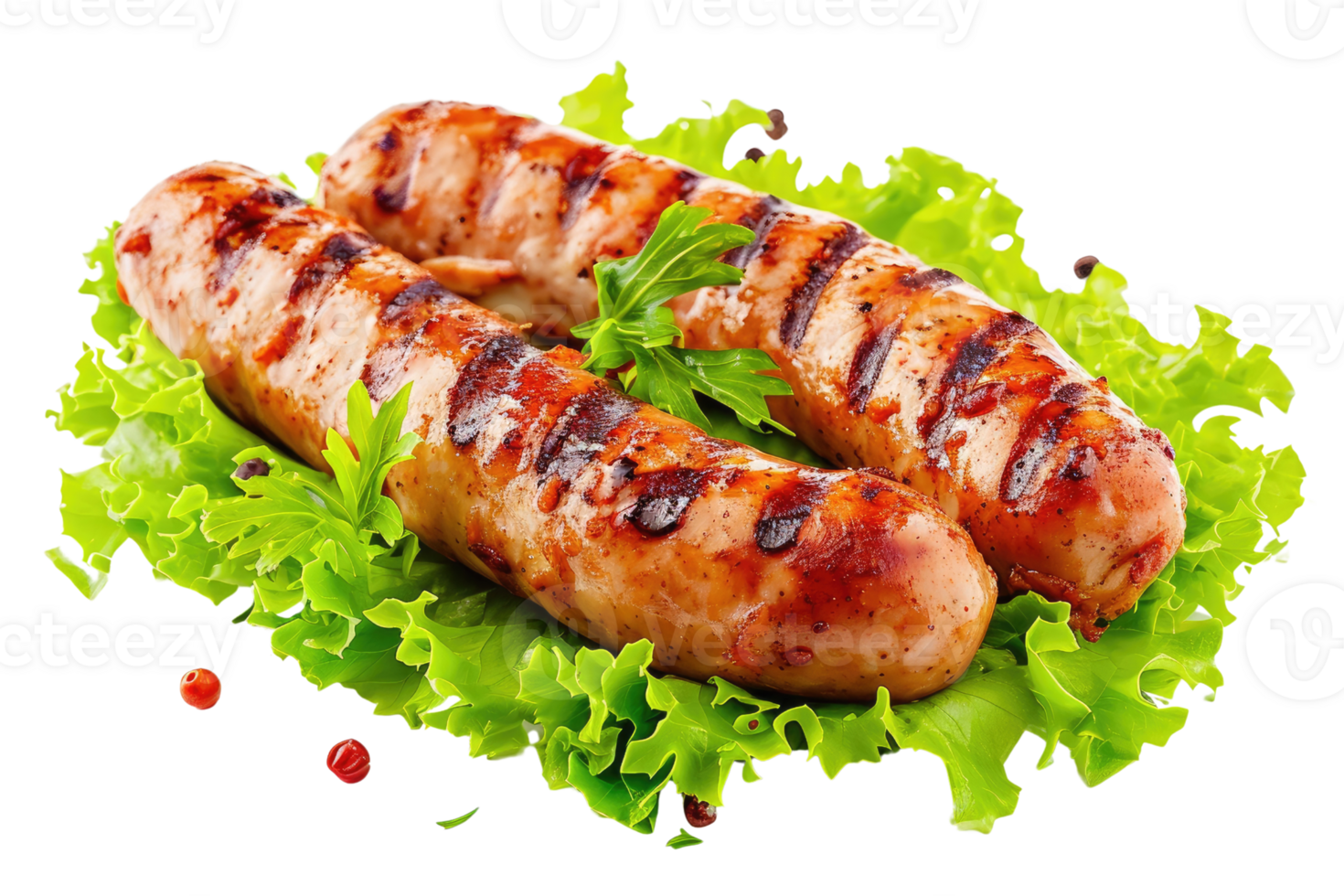 ai generiert gegrillt Hähnchen Würstchen mit Grüner Salat isoliert auf transparent Hintergrund png