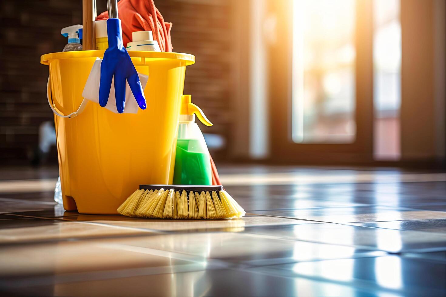 AI generated Bucket Full of Cleaning Supplies on Wooden Table photo