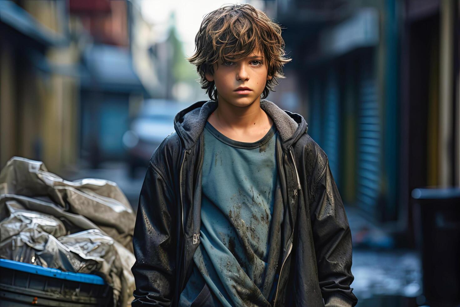 AI generated A young boy in casual clothing standing next to a metal trash can in an urban setting. The surroundings suggest a city environment with concrete pavement. photo