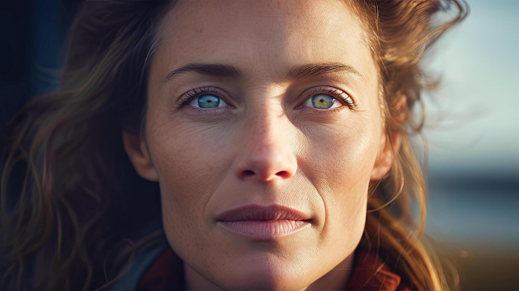 AI generated A close-up of a woman standing by a window, gazing outside. She appears contemplative, with a focused expression as she looks into the distance. photo