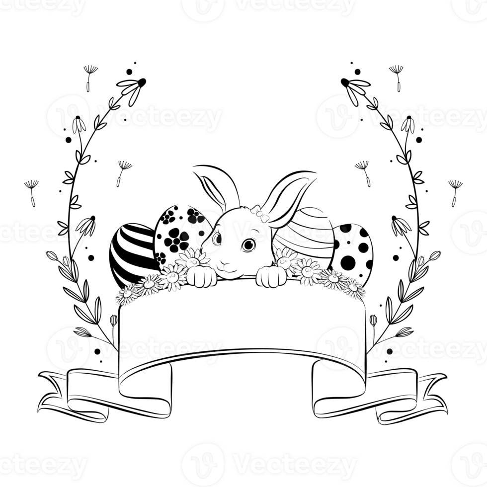 Happy Easter banner with floral wreath frame, hand drawing style png