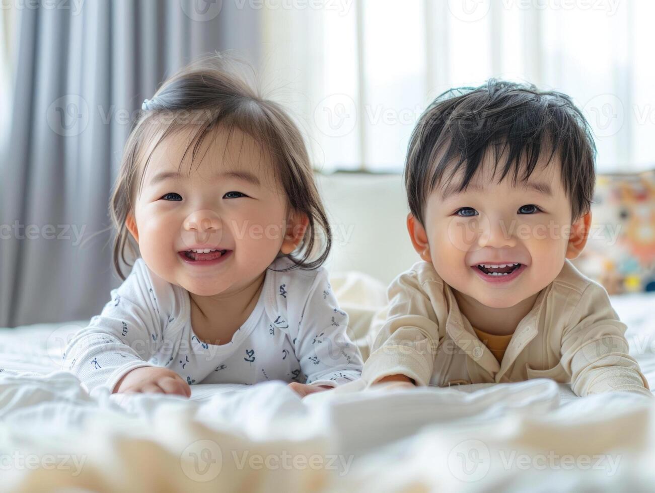 AI generated Two cute Asian toddlers are smiling and looking at the camera. Bright bedroom interior. photo