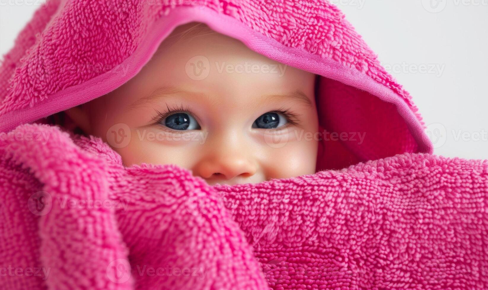 AI generated Portrait of a cute toddler girl after bathing wrapped in a bright pink towel photo