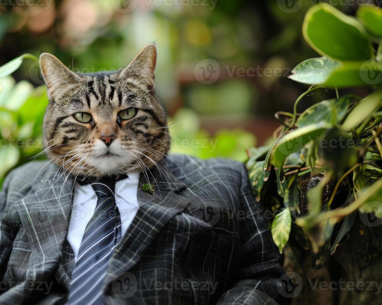 AI generated Boss cat. Cat dressed as a businessman among green bushes photo