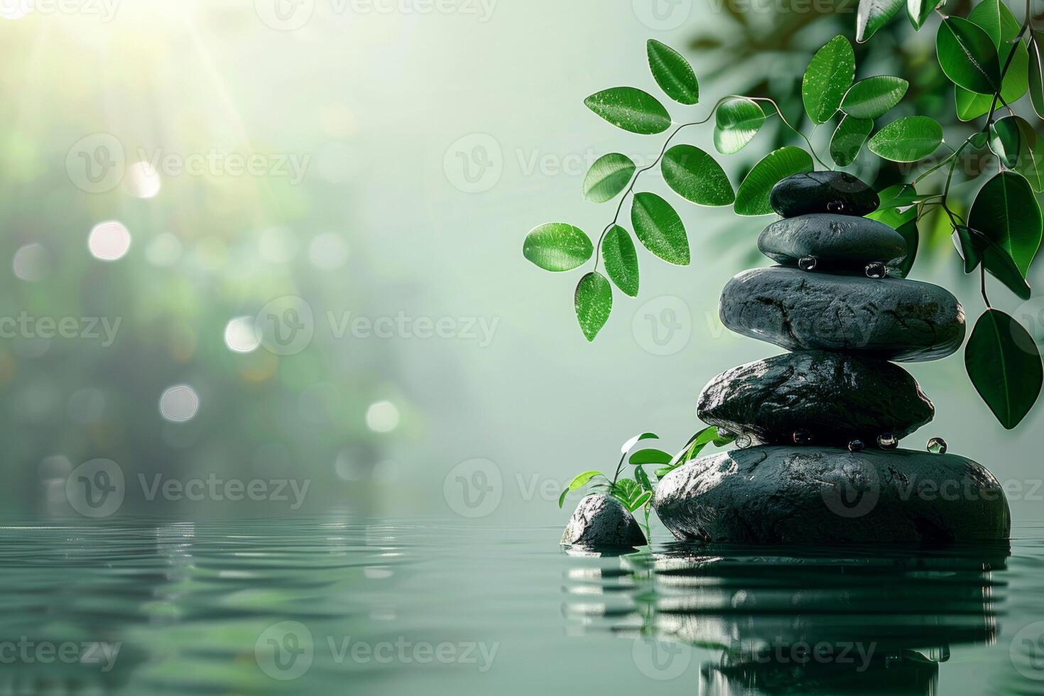 AI generated A stack of light wet zen stones and leaves on a light background with copy space, relaxation background photo