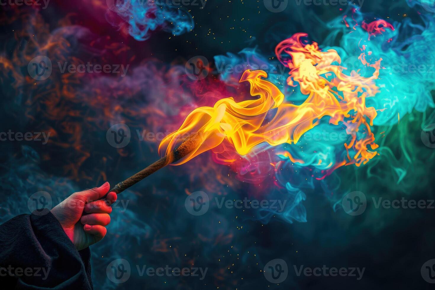 AI generated Fire blazing magic wand engulfed in multi-colored fire and colored plasma. A fantastic illustration of magic passion and inspiration. photo