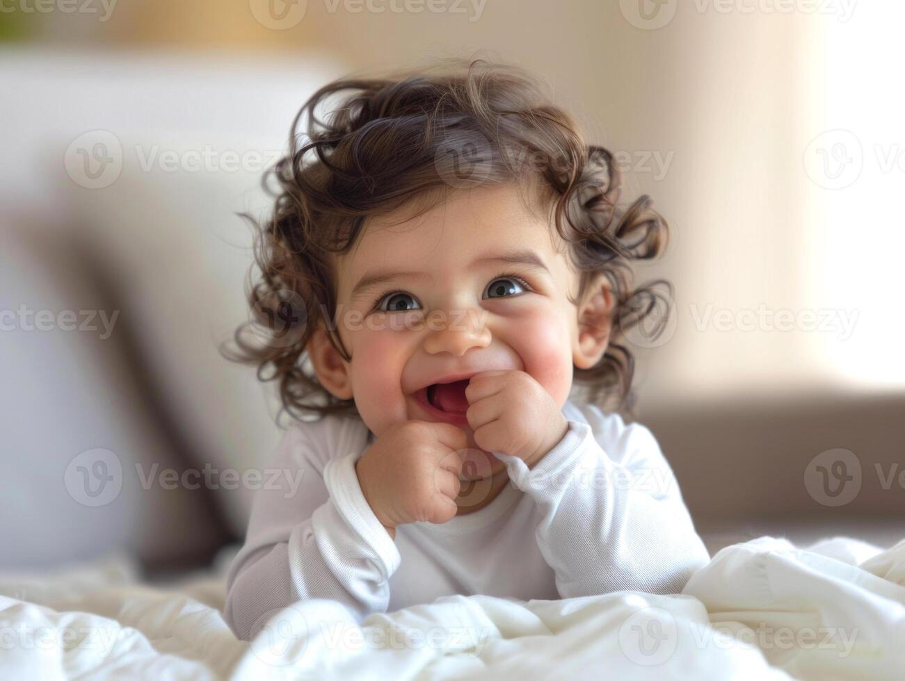 AI generated Cute toddler smiles and bites his fist, cutting his first teeth. photo