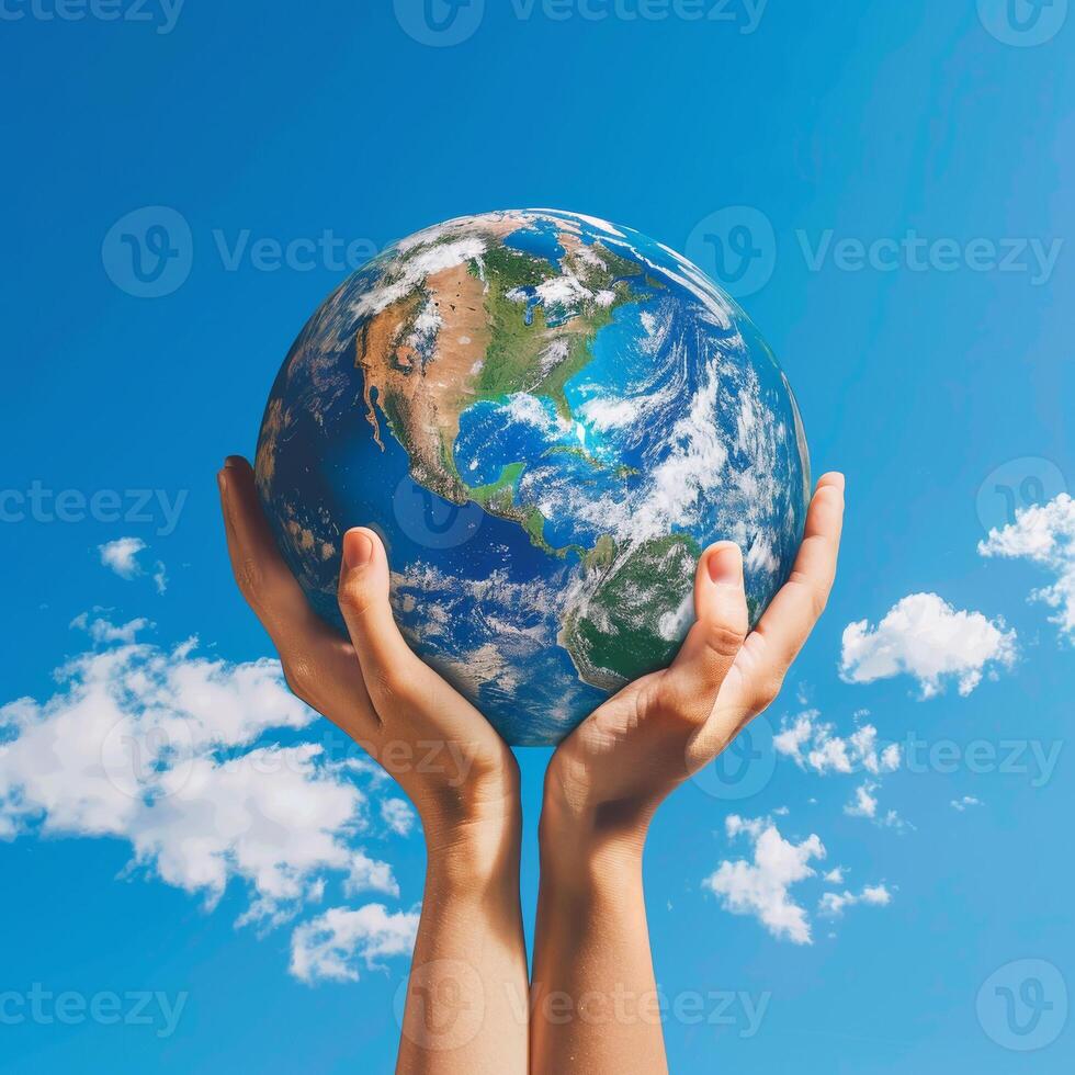 AI generated Two hands hold the planet Earth against a background of blue sky with clouds. Take care of planet Earth, environmental concept. photo