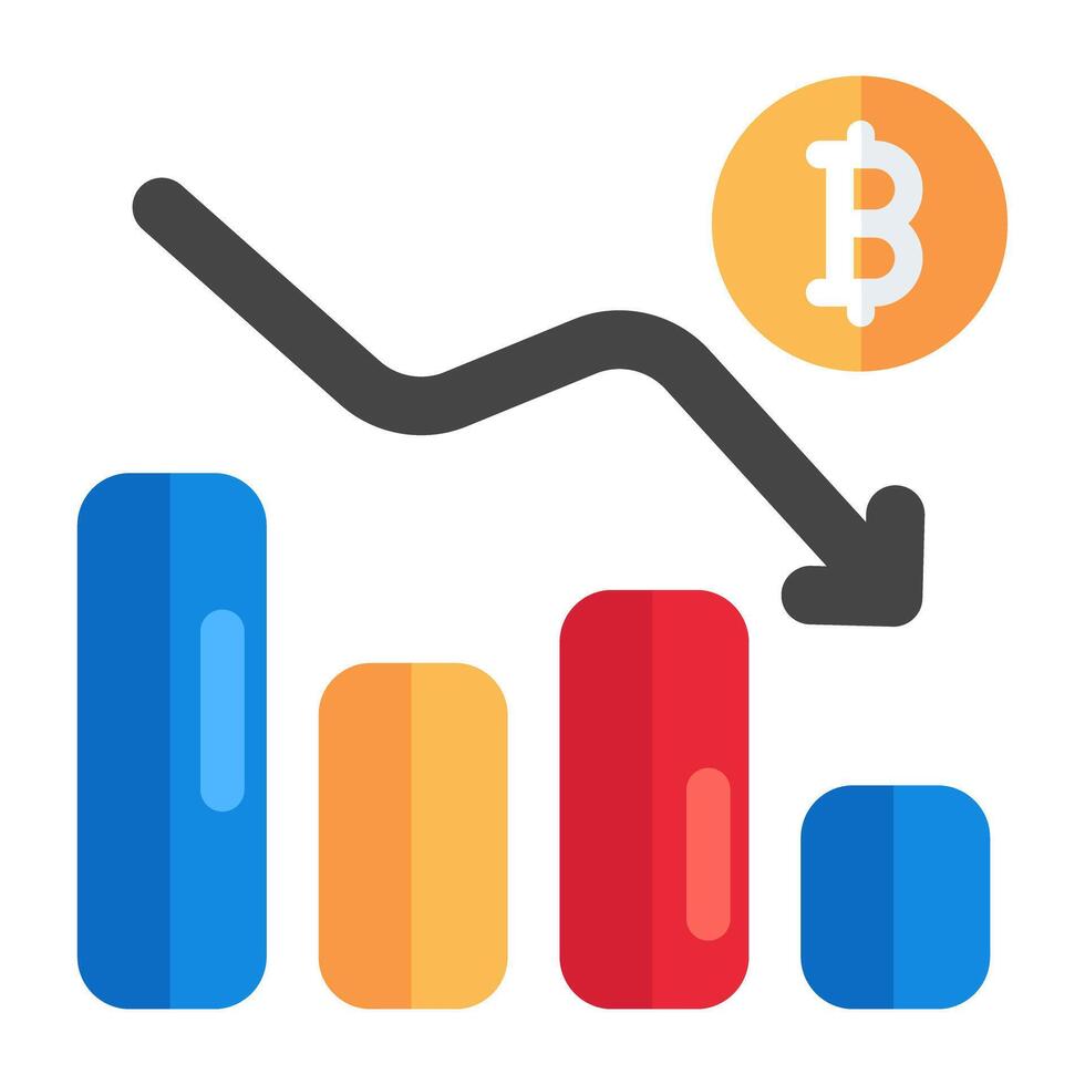 Downward arrow with btc symbolizing concept of bitcoin loss vector