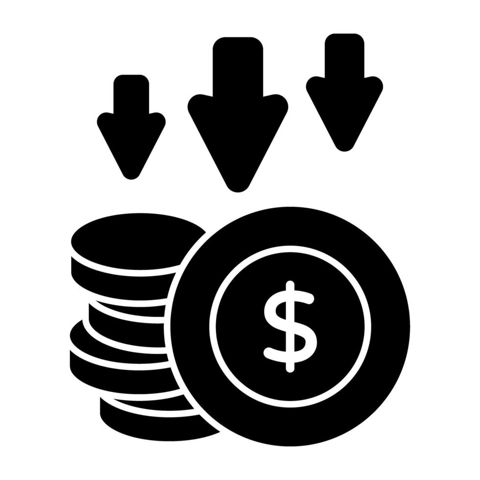 A glyph design icon of dollar value down vector