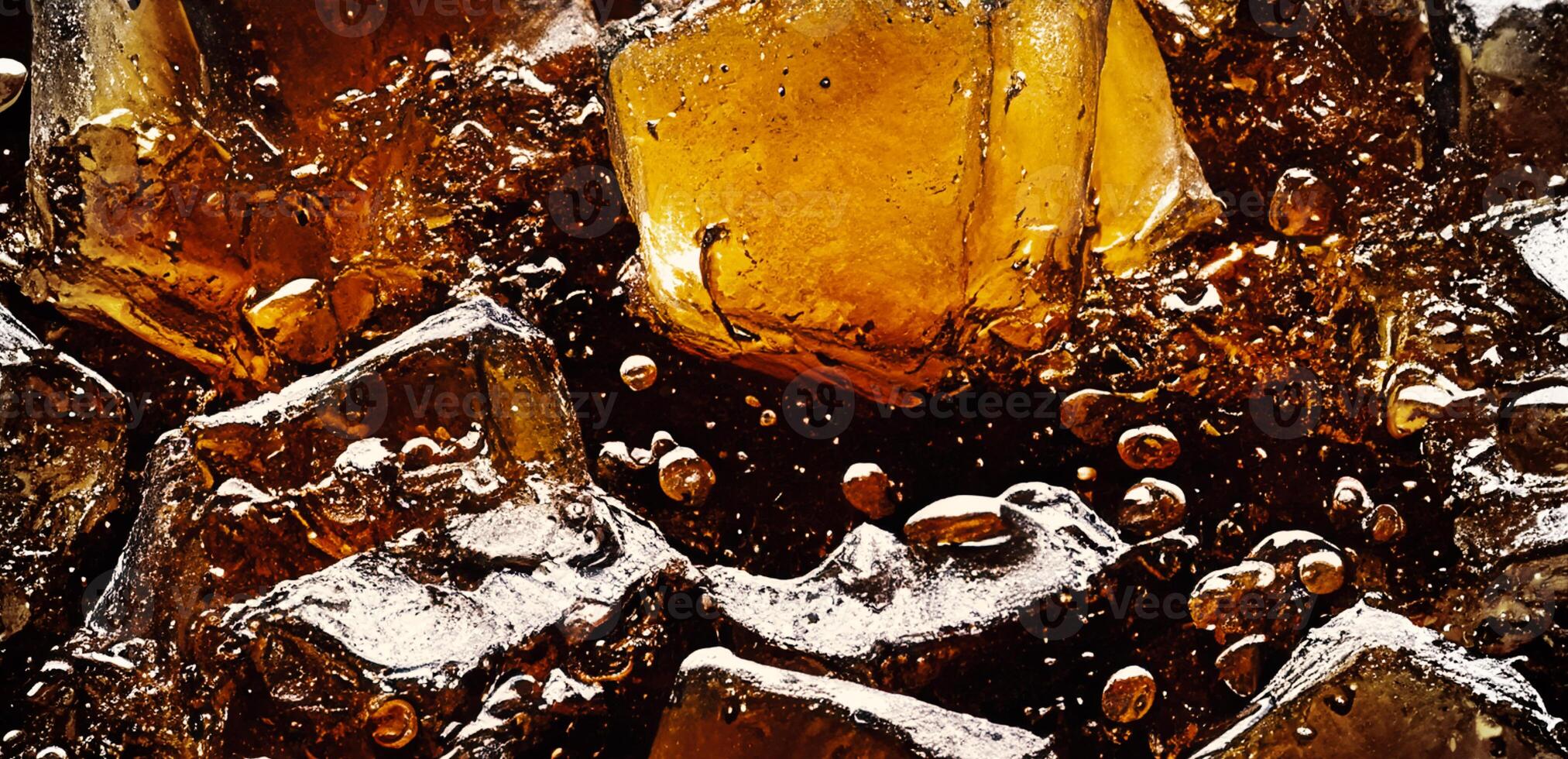 Cola with Ice. Close up of the ice cubes in cola water. Texture of carbonate drink with bubbles in glass. Cola soda and ice splashing fizzing or floating up to top of surface. Cold drink background. photo