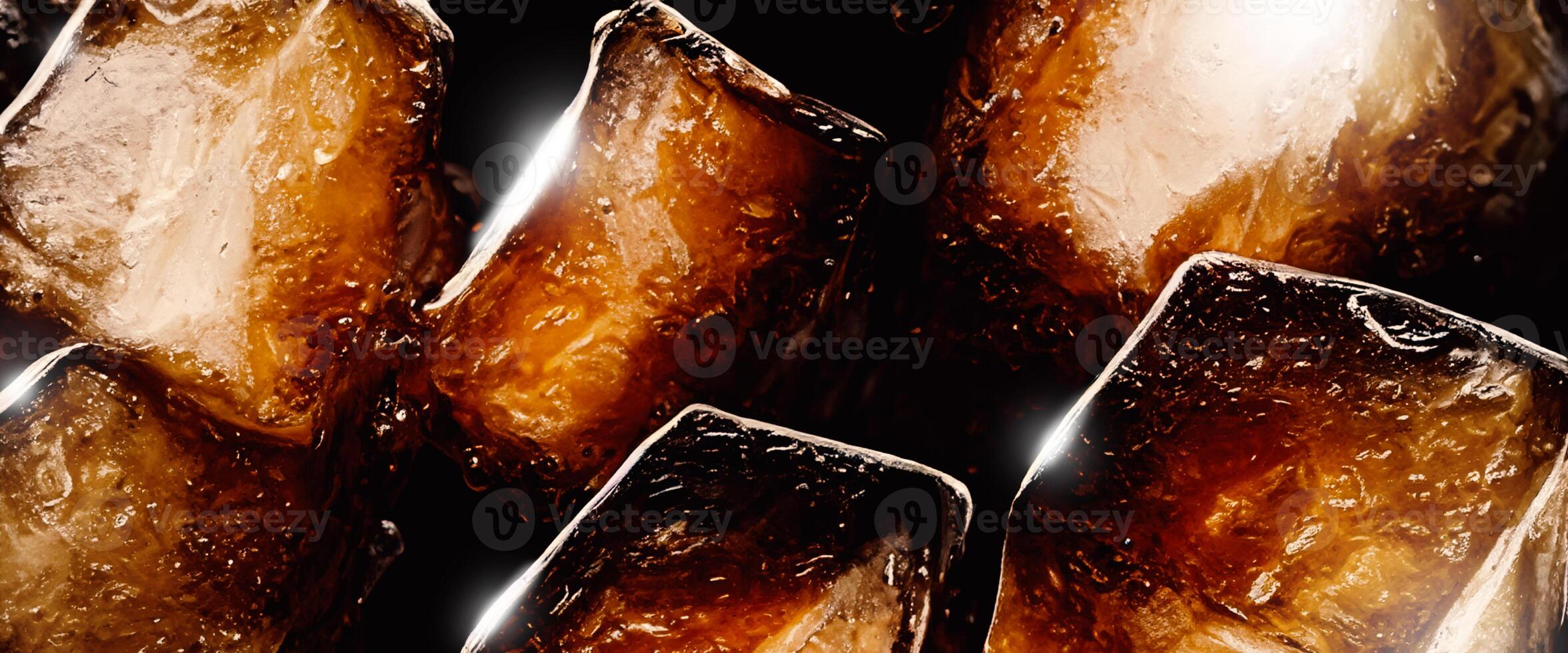 Cola with Ice. Close up of the ice cubes in cola water. Texture of carbonate drink with bubbles in glass. Cola soda and ice splashing fizzing or floating up to top of surface. Cold drink background. photo