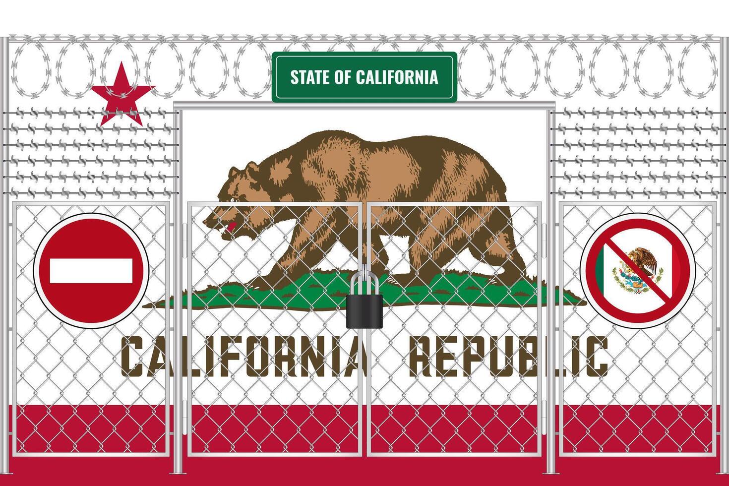 California flag behind barbed wire and a fence with a lock. The problem of illegal migration vector