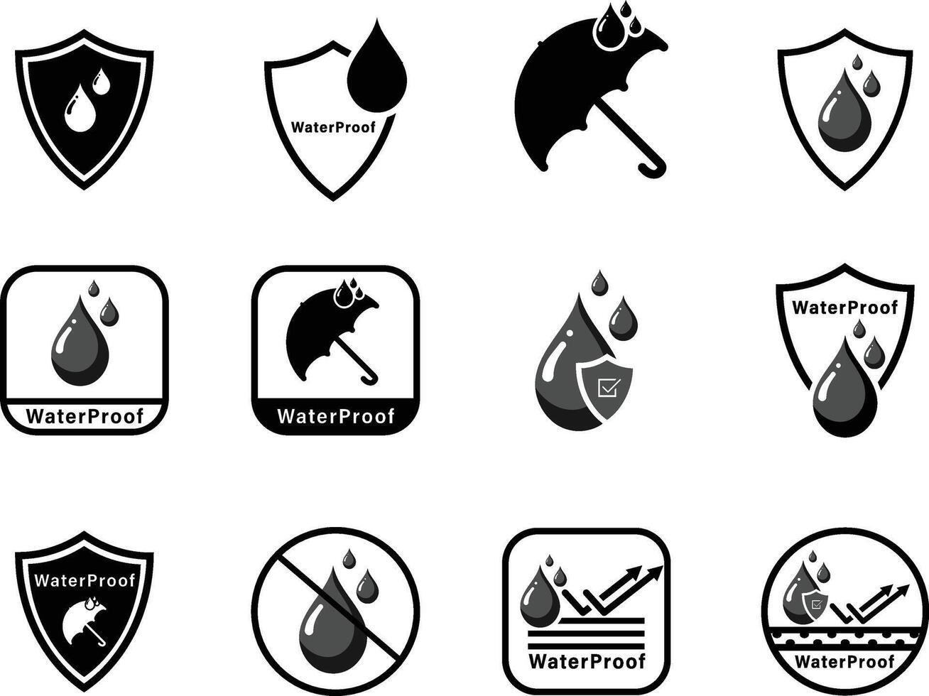 Waterproof icons. Water Proof. Collection of water resistant signs. Water protection, liquid proof protection. Shield with water drop. Anti wetting material, hydrophobic fabric, surface protection vector