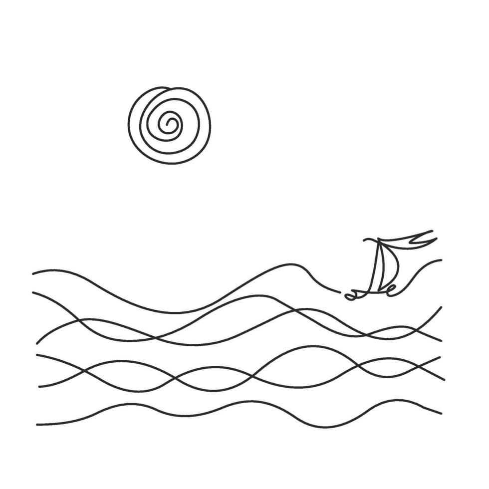 Continuous one line hand drawing. Sea landscape art. Boat in wave. Sun in the clouds sky. Adjustable black stroke Transparent background. Single outline doodle minimalistic design Vector illustration.