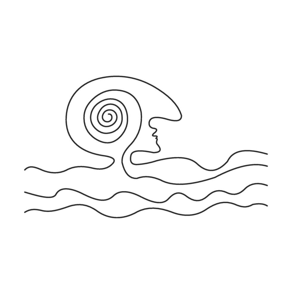 Continuous one line drawing men head with spiral brain on wave. Thinking linear symbol. Mental health concept art doodle design. Adjustable black stroke. Transparent background. Vector illustration