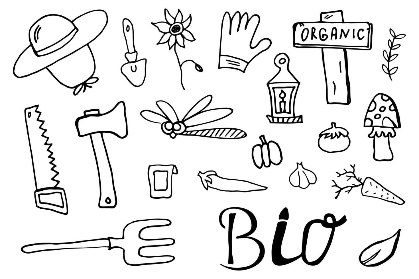 Vector set with hand-drawn isolated doodles on the theme of the garden, garden tools, agriculture
