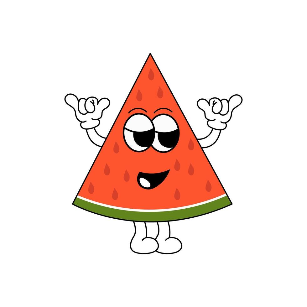 Funny character, in the form of a slice of watermelon, with a cartoon smiling face in groove style. vector