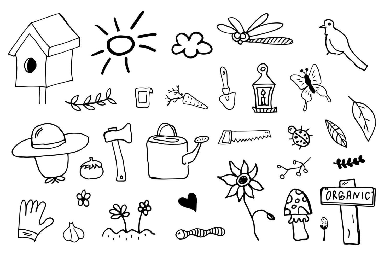 Vector set with hand-drawn isolated doodles on the theme of the garden, garden tools, agriculture