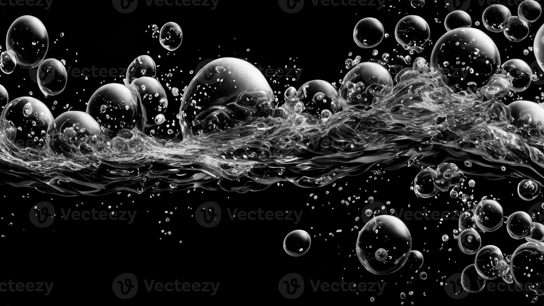 AI generated Soda water bubbles splashing underwater against black background. photo