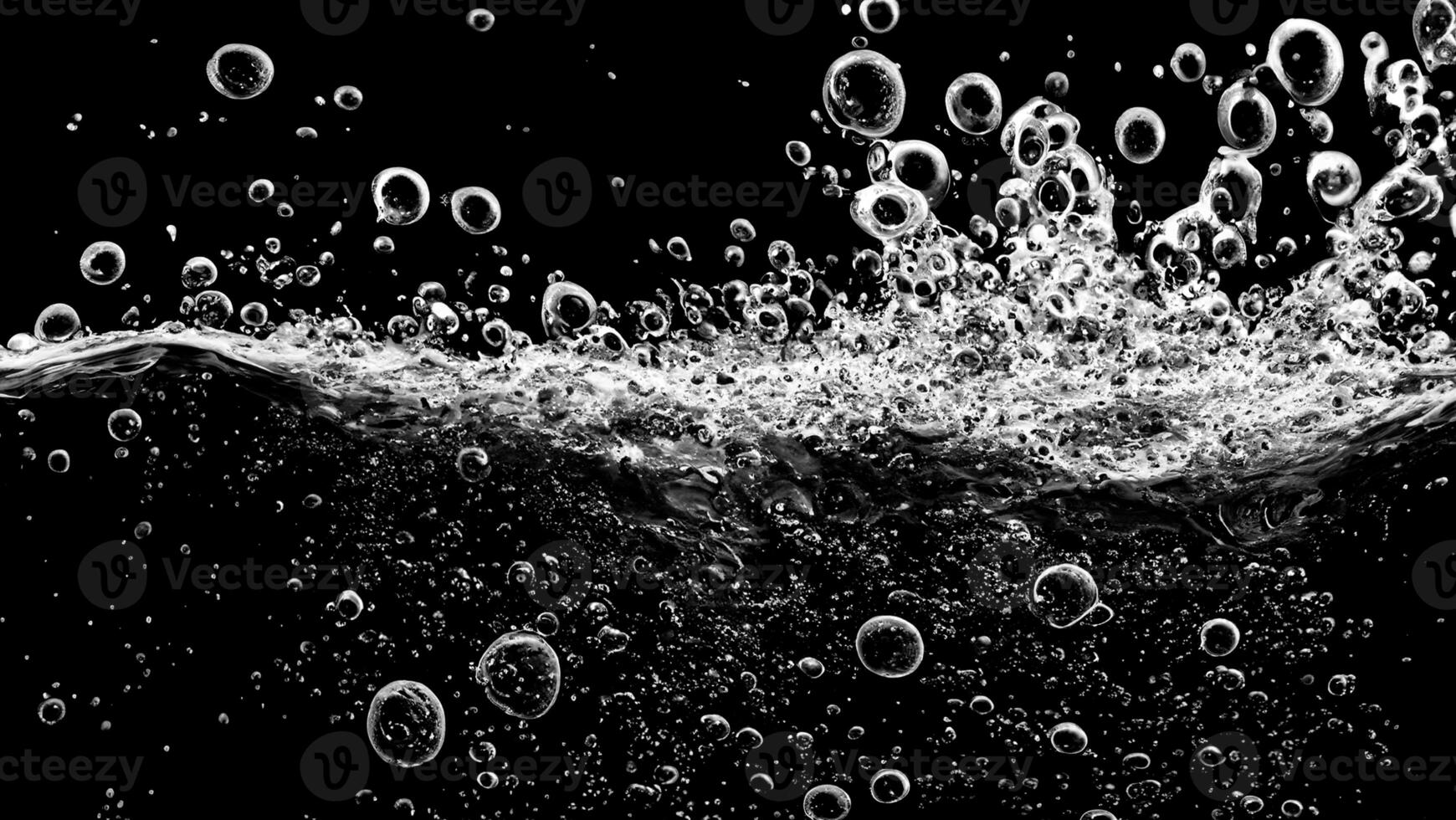 AI generated Soda water bubbles splashing underwater against black background. photo