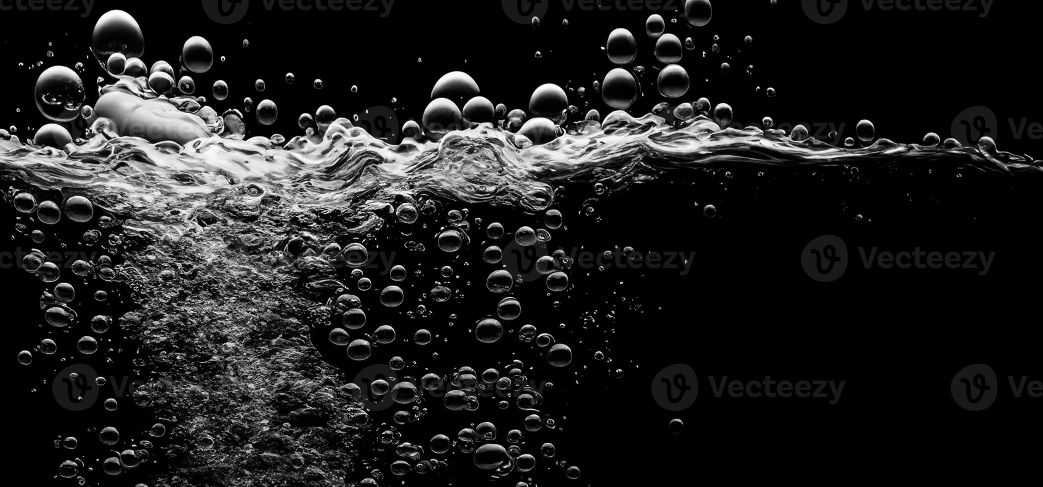 AI generated Soda water bubbles splashing underwater against black background. photo