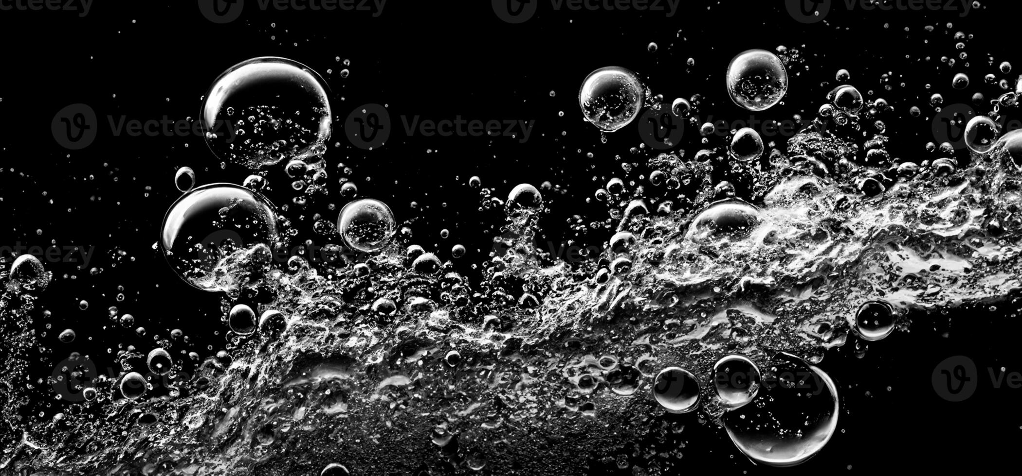 AI generated Soda water bubbles splashing underwater against black background. photo