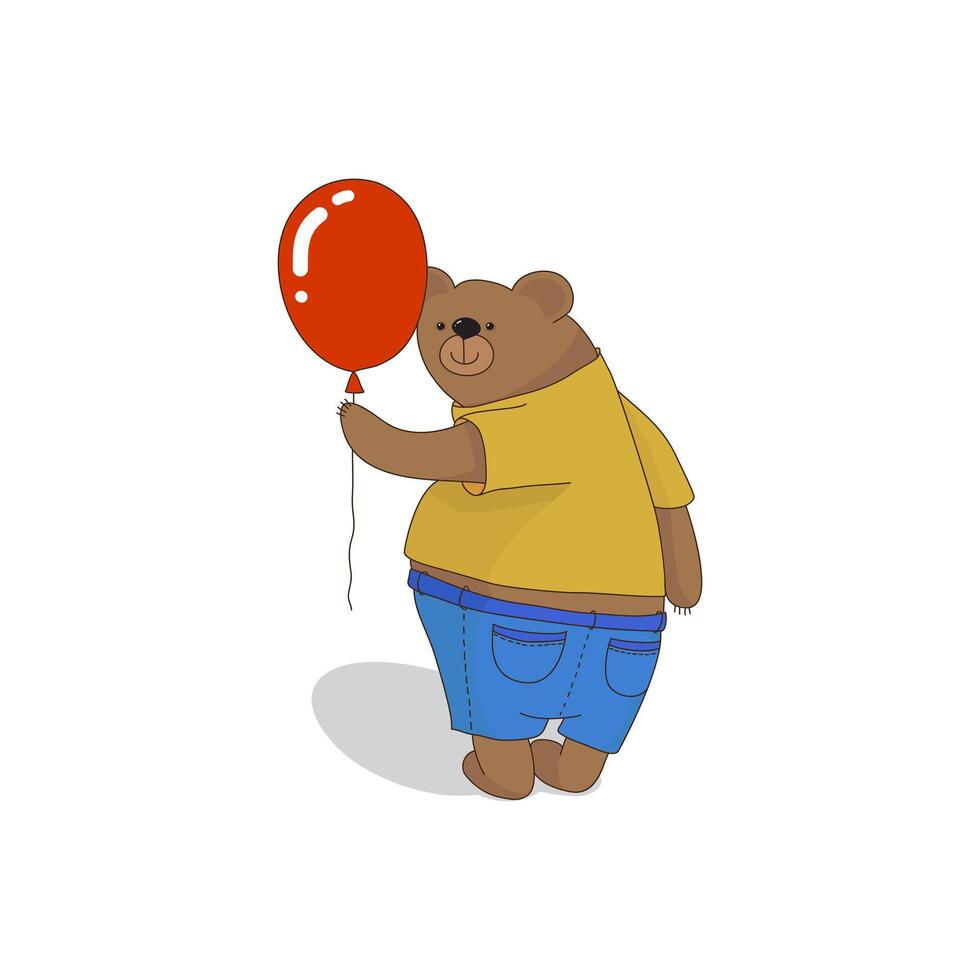 Cute bear with a red balloon in cartoon style. Vector illustration isolated on white background. Gift card design elements, birthday greeting card