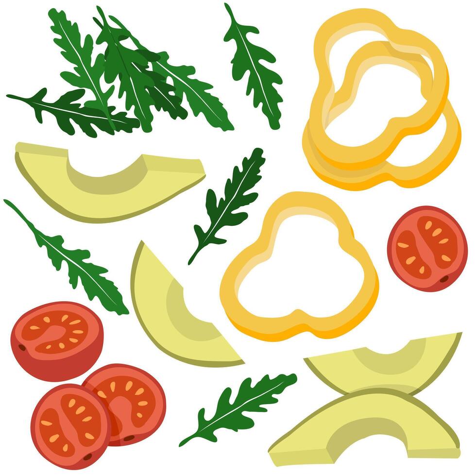 Hand-drawn set of fresh vegetables. Slices of avocado, tomatoes, paprika, and arugula. Vector illustration isolated on the white background. Healthy food concept. RAW, vegan