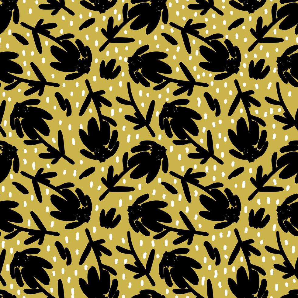 Chamomile seamless pattern with black flowers. Vector endless floral background. Fabric design, wrapping paper, textile design