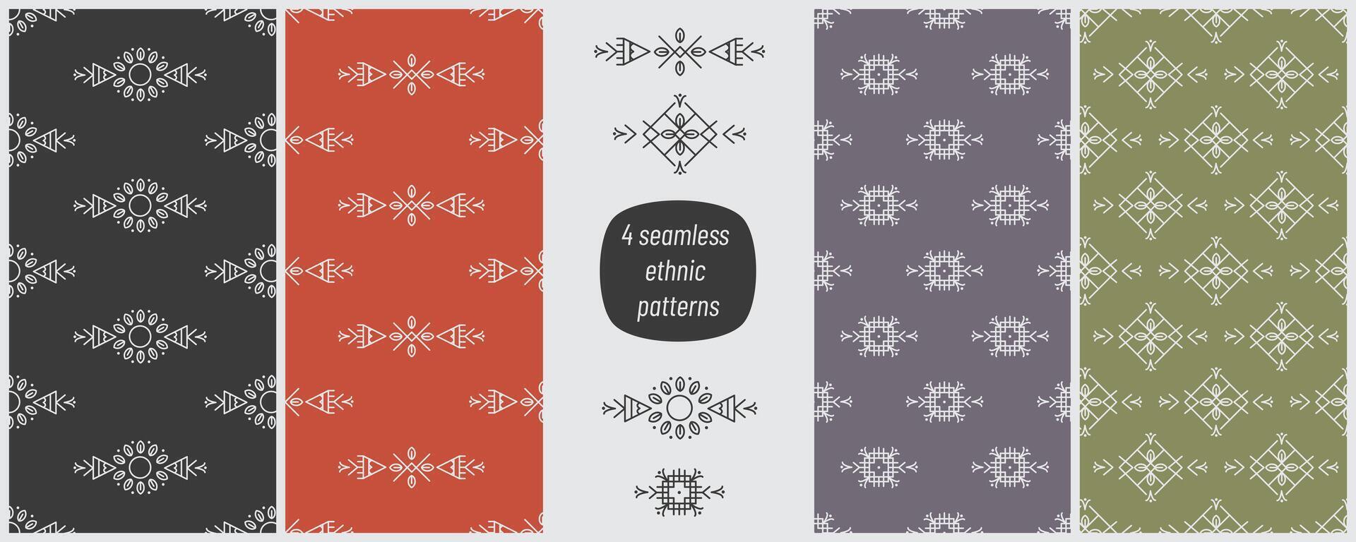 Set of four ethnic seamless patterns with four ethnic pattern's elements. Tribal backgrounds and elements. Designs for fabric, wallpaper, border, wrapping paper. vector