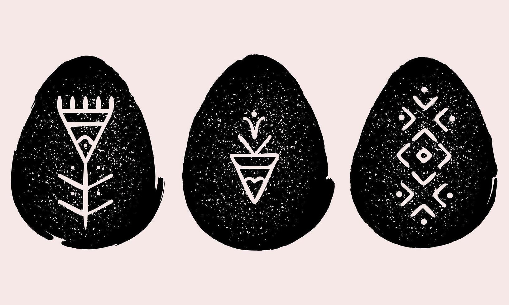 Set of grunge Easter eggs with ethnic, tribal, hand drawn elements. Vector illustration isolated on pink background. Best for greeting card design.