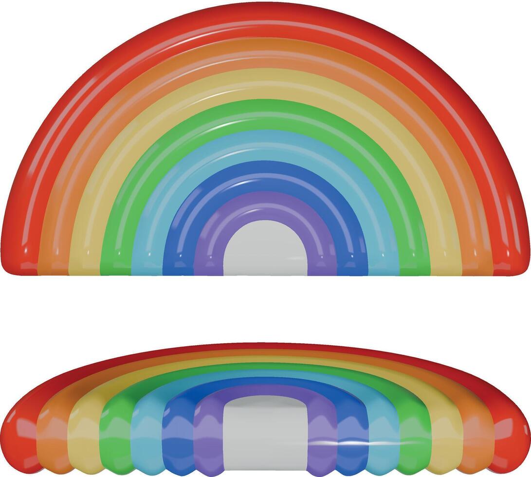 rainbow pool float. rainbow shaped pool raft. isolated inflatable mattress top and side view vector