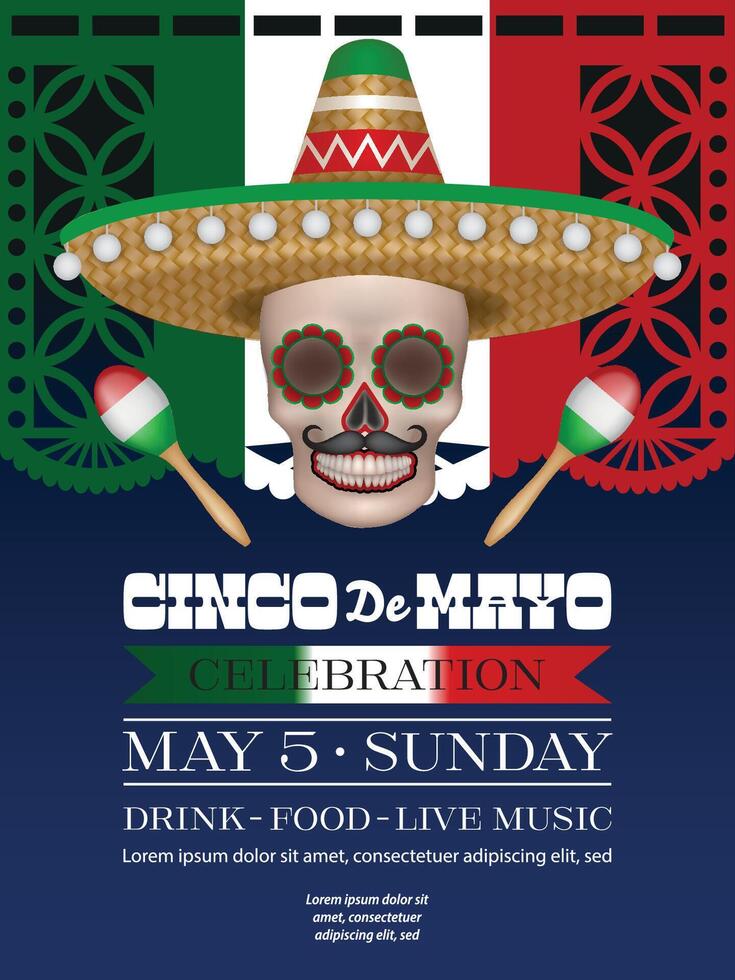 cinco de mayo poster with skull with sombrero and maracas vector