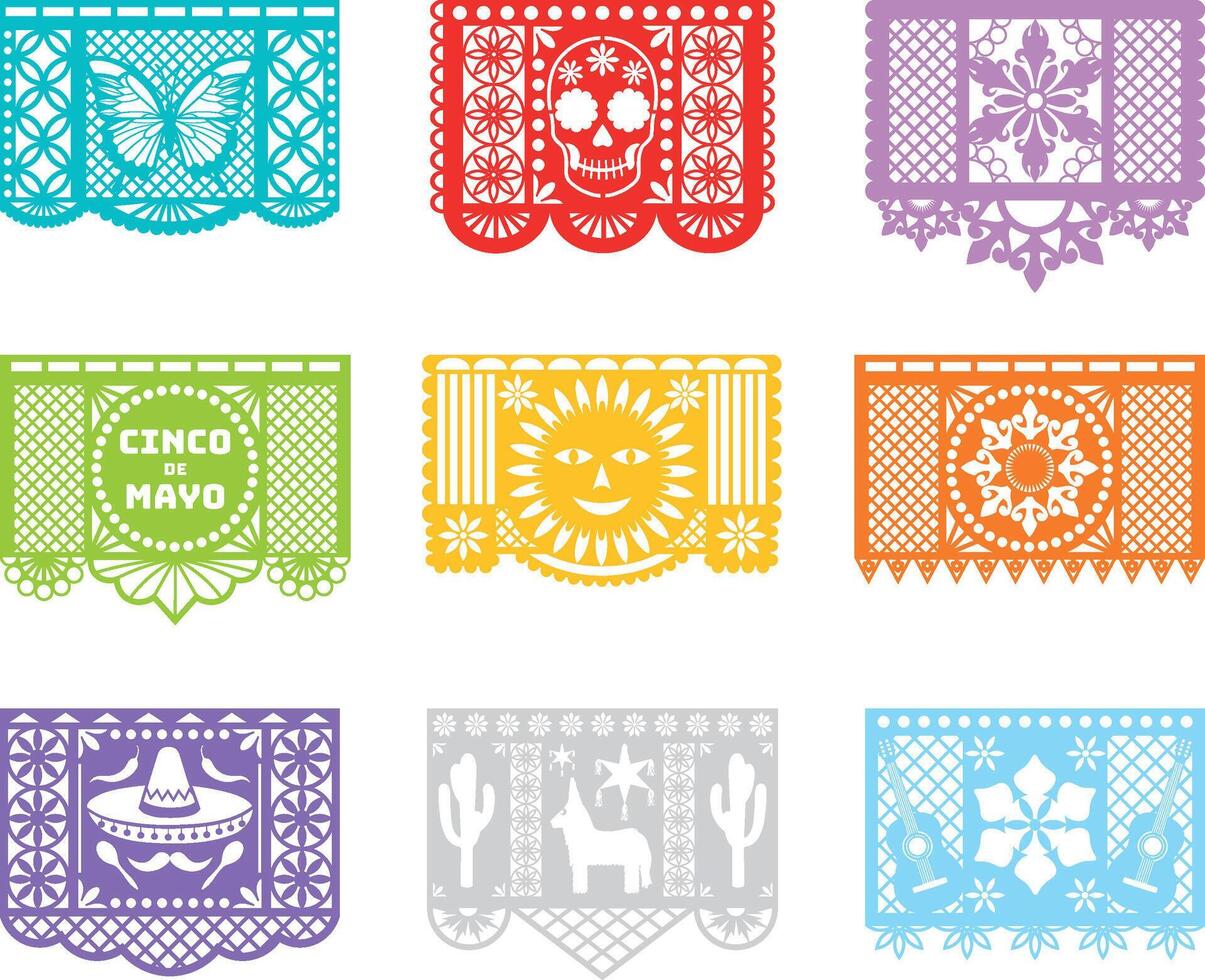 set of papel picado. collection of colorful mexican decorative flags. cinco de mayo celebration pennants vector