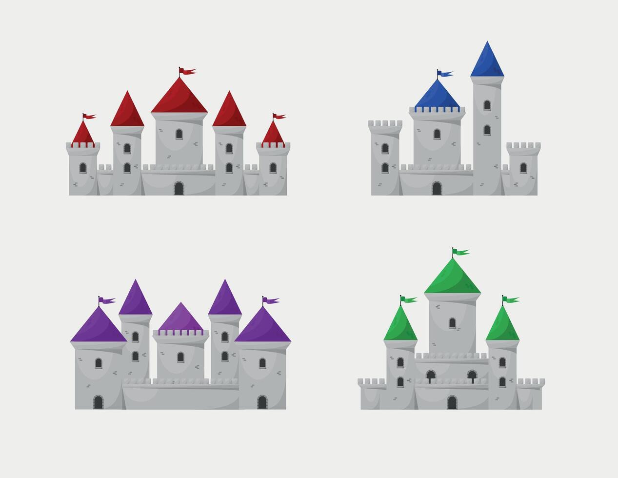 Medieval vector castles icon set. Cartoon fairy tale castle tower icon.