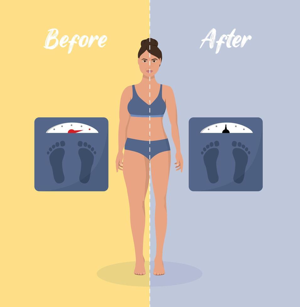 Fat and thin woman weight loss concept. Diet and fitness. Before and after body shape girl measuring slim waist. vector