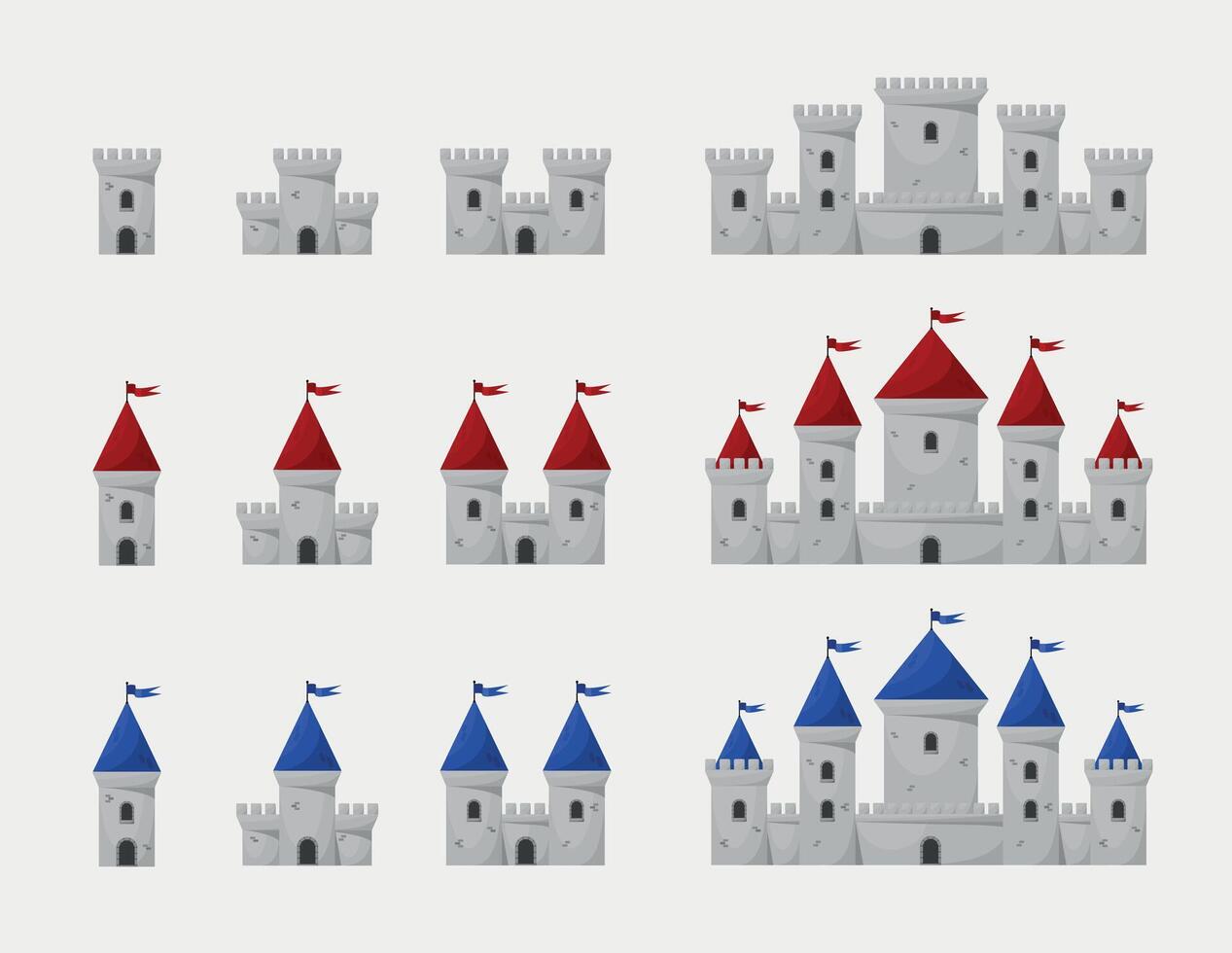 Medieval vector castles icon set. Cartoon fairy tale castle tower icon.
