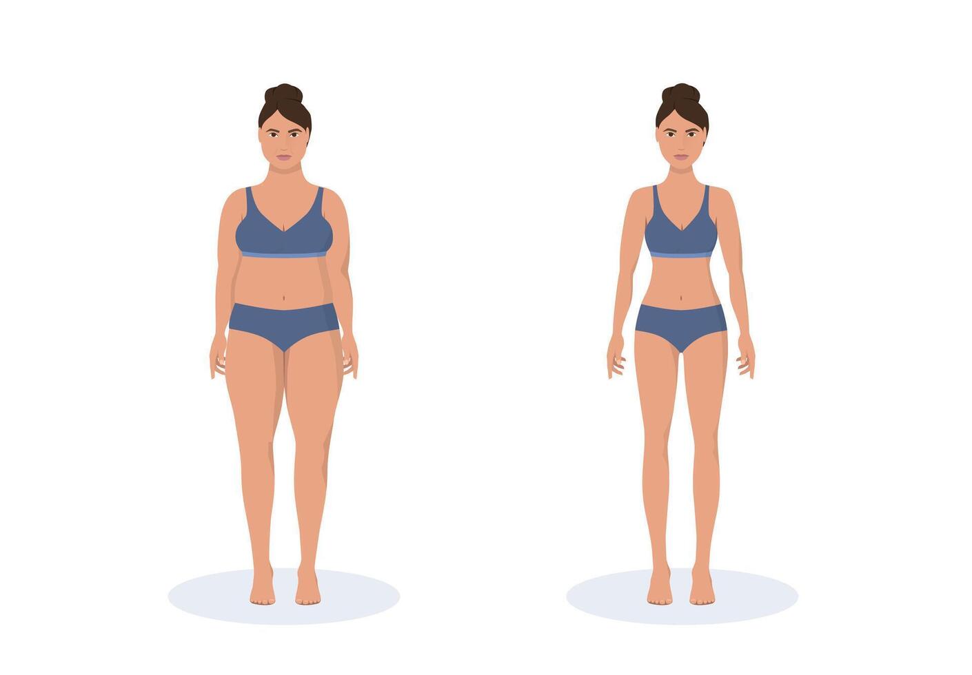 Fat and thin woman weight loss concept. Diet and fitness. Before and after body shape girl measuring slim waist. vector