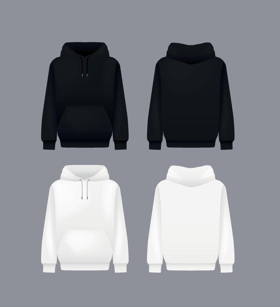 Men black and white hoody. Realistic jumper mockup. Long sleeve hoody template clothing vector