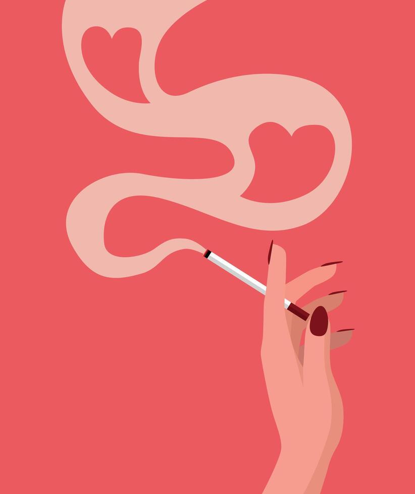Woman's hand holds a cigarette icon symbol with love, heart sign or shape of smoke. vector