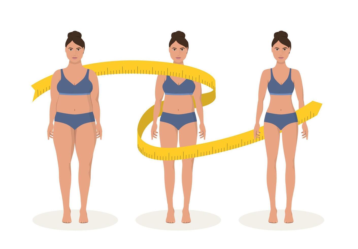 Fat and thin woman weight loss concept. Diet and fitness. Before and after body shape girl measuring slim waist. vector