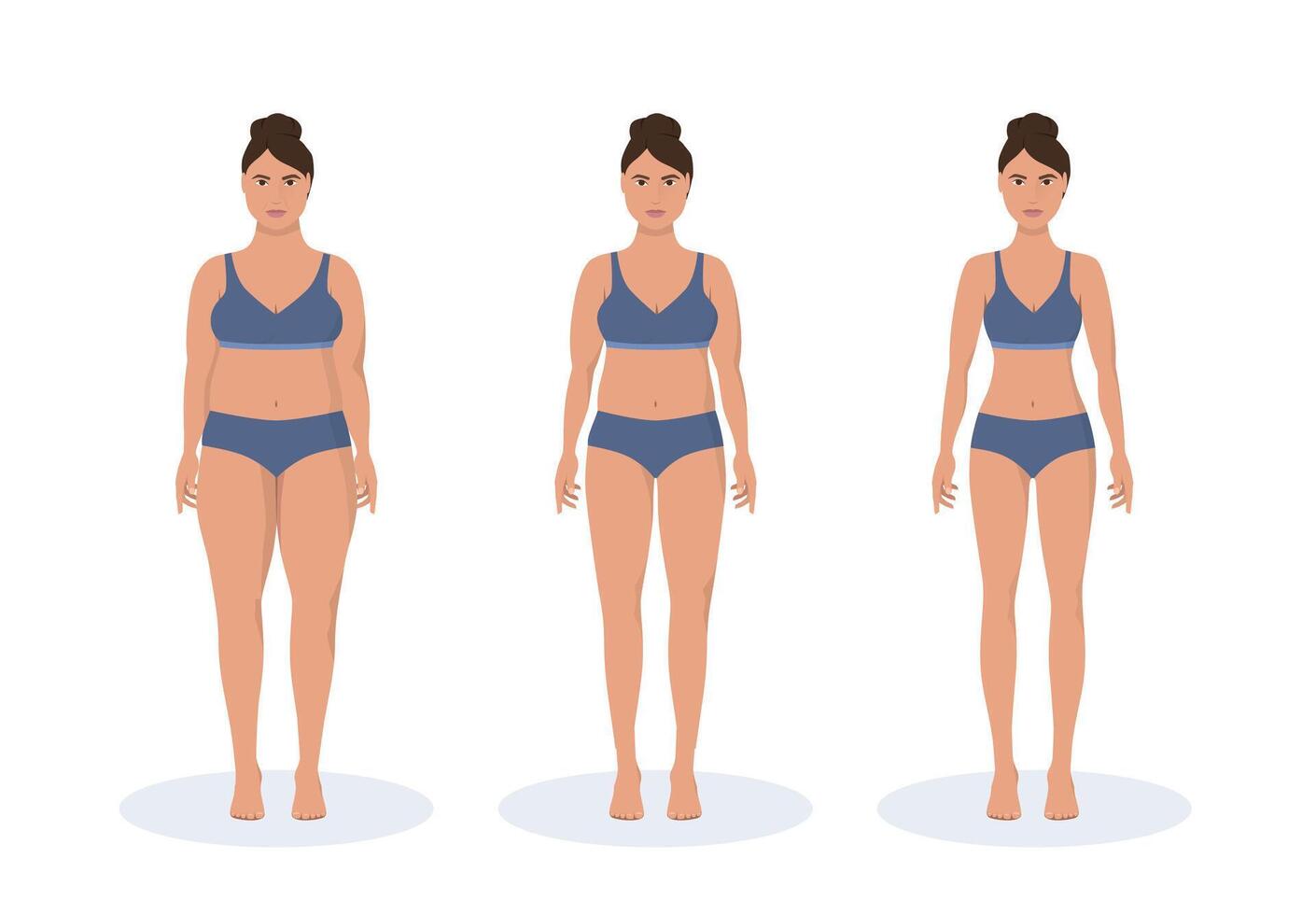 Fat and thin woman weight loss concept. Diet and fitness. Before and after body shape girl measuring slim waist. vector