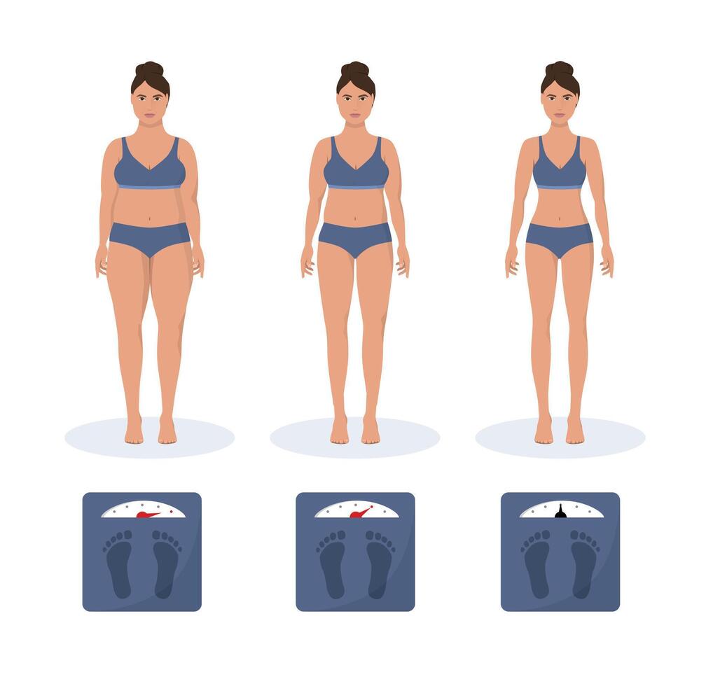 Fat and thin woman weight loss concept. Diet and fitness. Before and after body shape girl measuring slim waist. vector