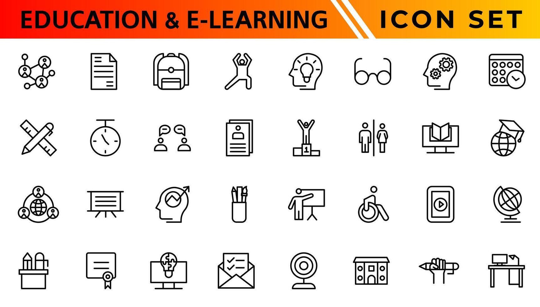 Education and E-learning icon set. Online education icon set. Thin line icons set. Distance learning. Containing video tuition, e-learning, online course, audio course, educational website vector