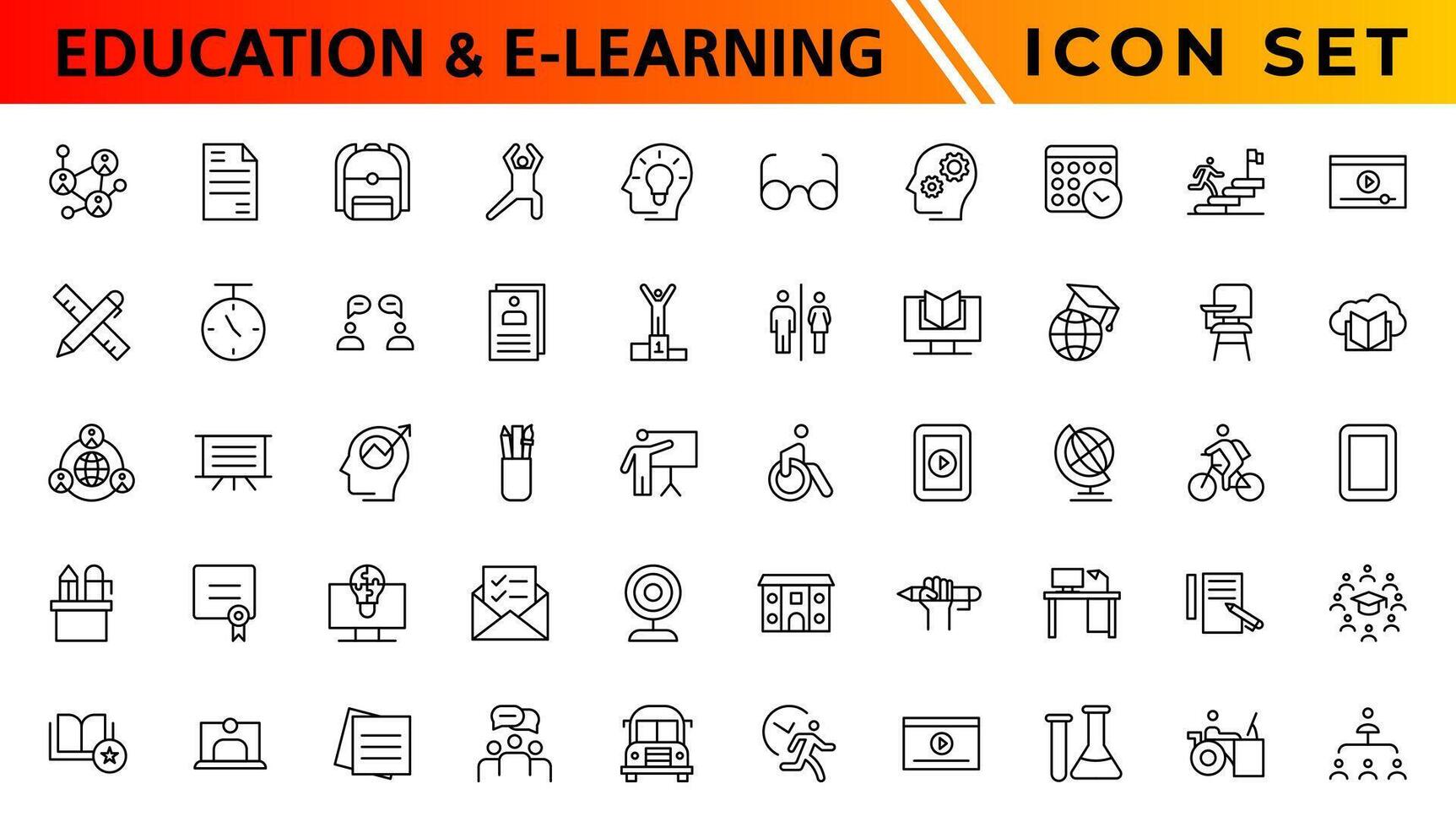 Education and E-learning icon set. Online education icon set. Thin line icons set. Distance learning. Containing video tuition, e-learning, online course, audio course, educational website vector