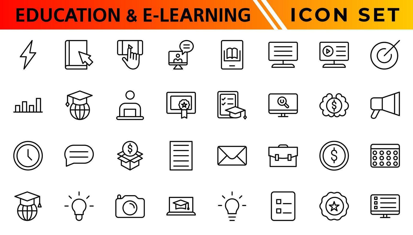 Education and E-learning icon set. Online education icon set. Thin line icons set. Distance learning. Containing video tuition, e-learning, online course, audio course, educational website vector